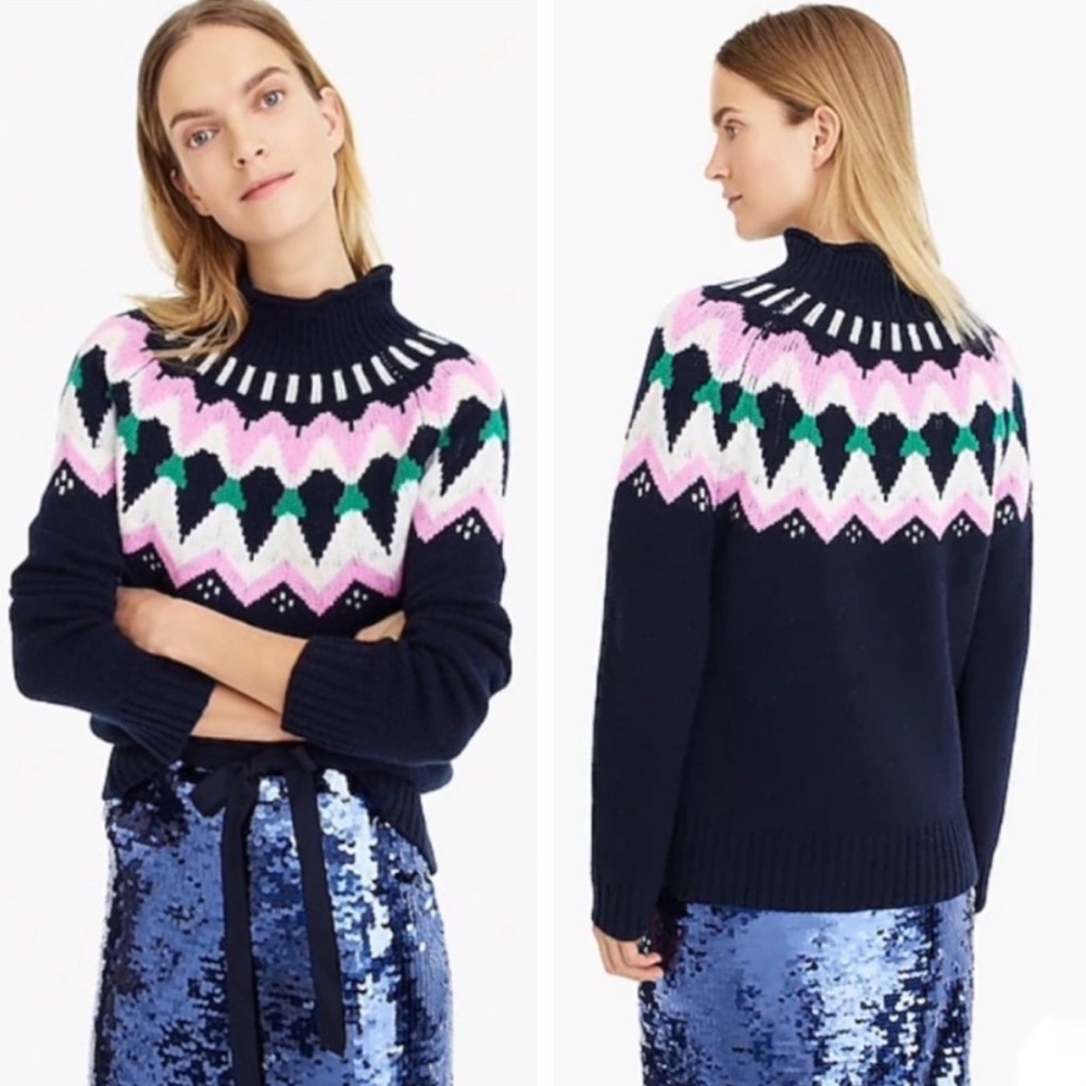 J. Crew, Mock Neck Fair Isles colorful 100% cashmere Nordic Sweater, Size XS